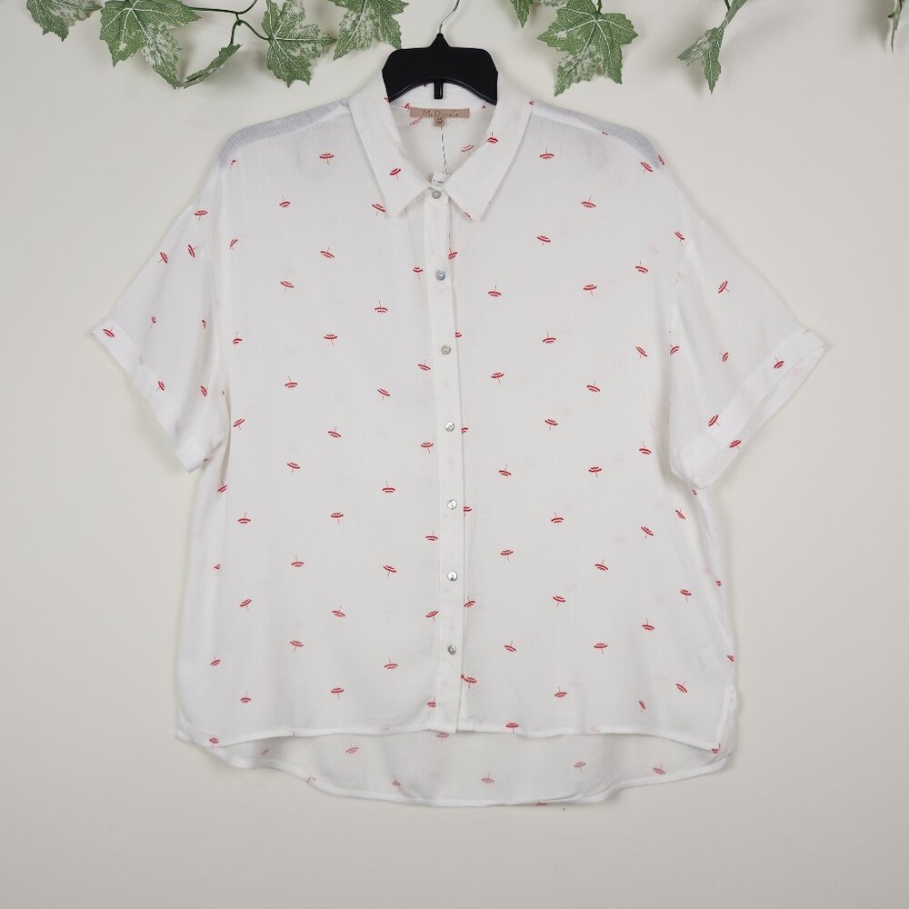 My Danielle Size XL Umbrella Print Short Sleeves Red White Casual Top Blouse NWT